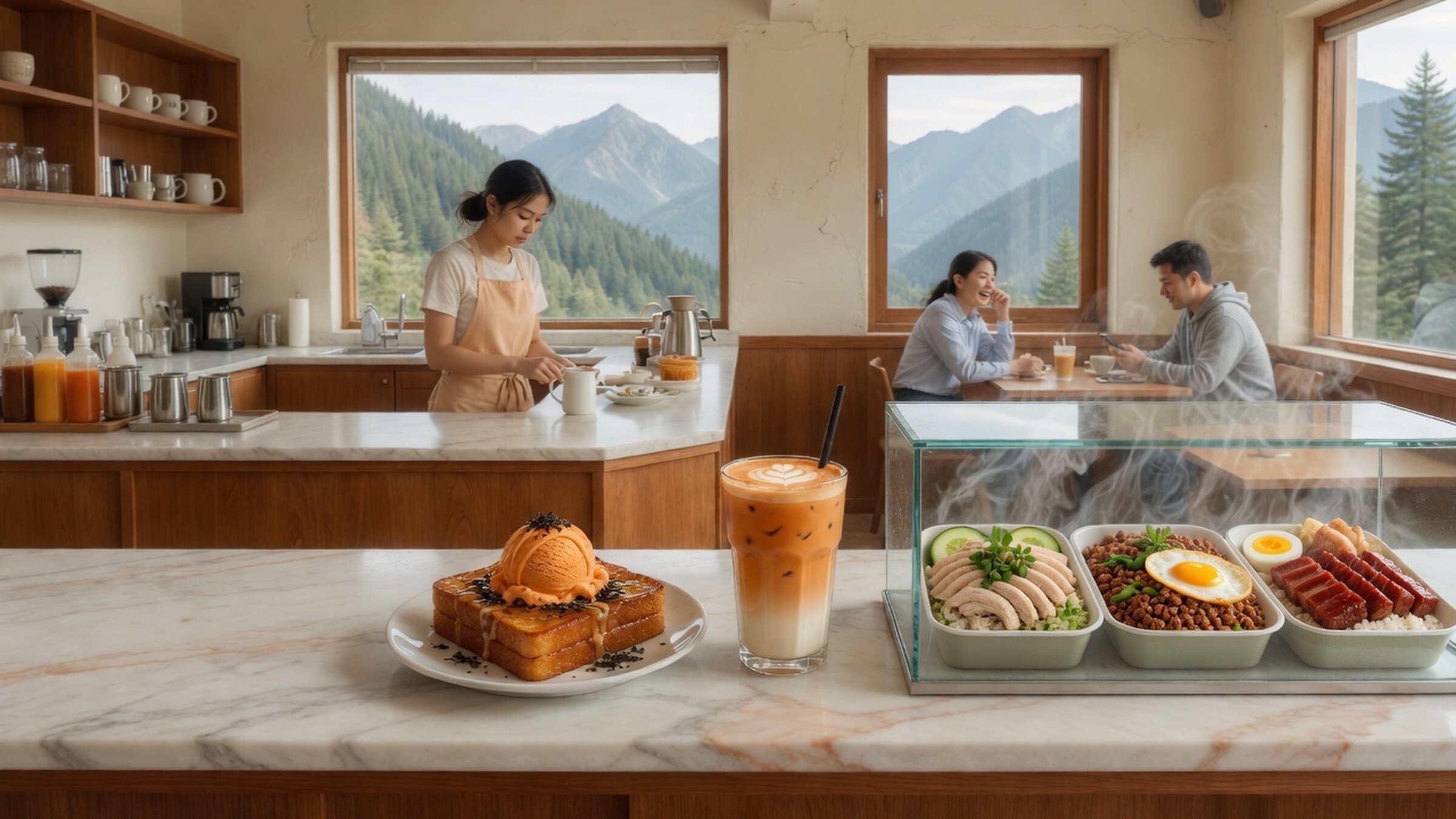 Cream café interior with honey toast, Thai tea latte, and a Thai lunch hot bar